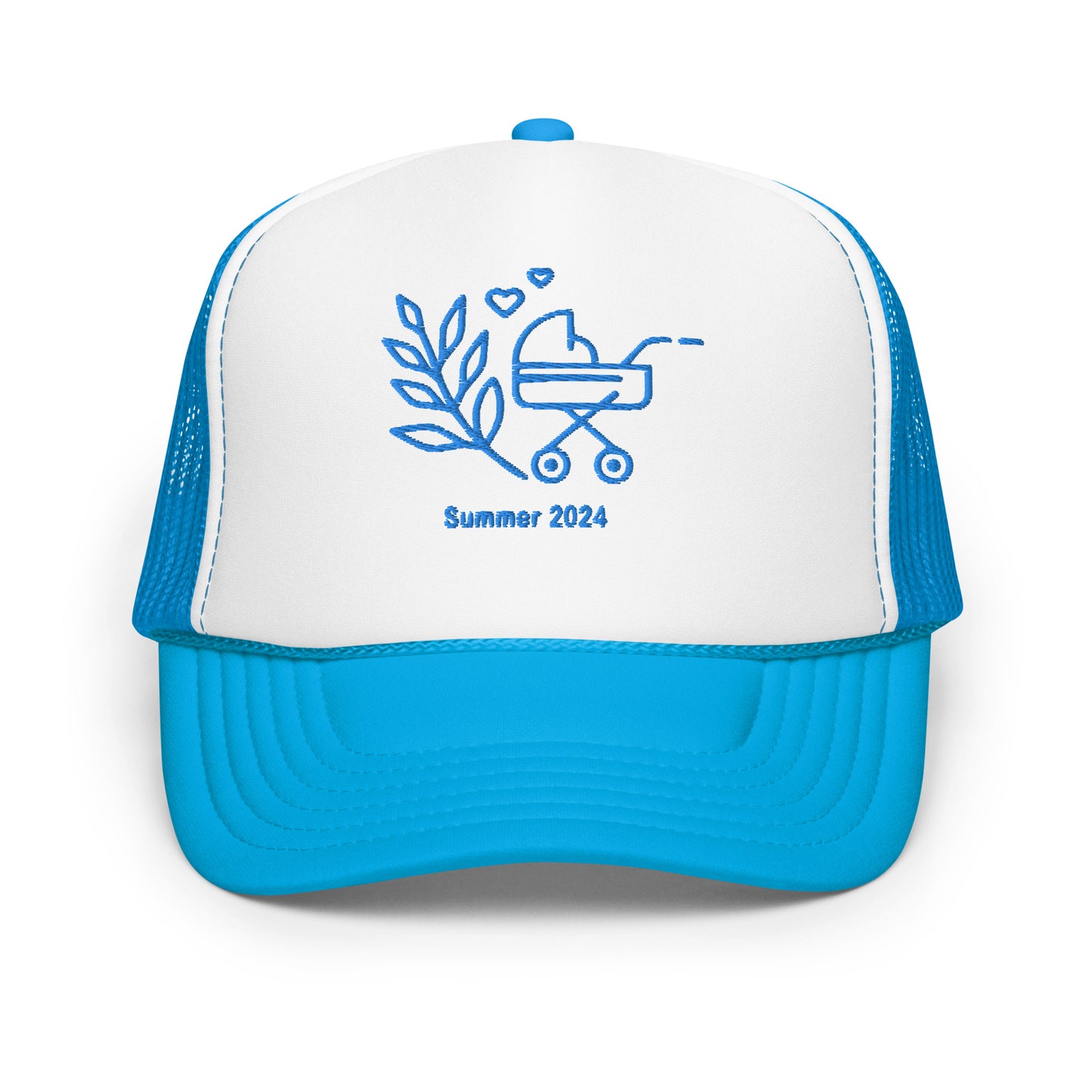 Baby on the Way Trucker Hat with Personalized Due Date in Baby Blue