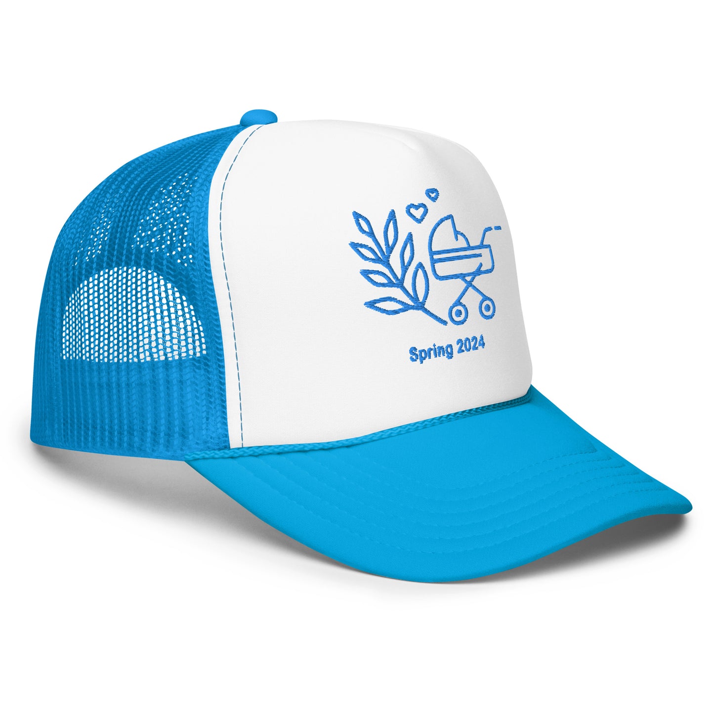 Baby on the Way Trucker Hat with Personalized Due Date in Baby Blue